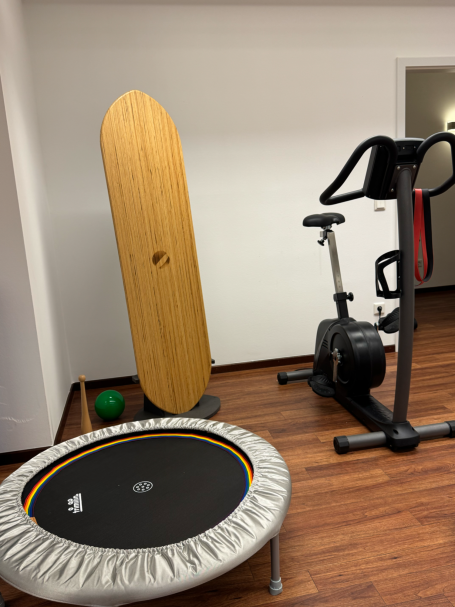 Geräteraum Fitnessraum mit Trampolin, Surfbrett, Ergometer und einer grünen Fitnessball.