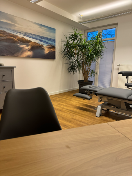 Behandlungsraum Ein heller Raum mit Holzfußboden, einer Pflanze und einem Behandlungstisch neben einem Fenster.